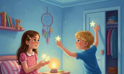 Deux enfants d'environ 7 ans, Émilie (fille, cheveux châtains mi-longs avec une barrette jaune, robe rose à pois) assise à gauche tenant des étoiles phosphorescentes et regardant le plafond avec un sourire timide, et Léo (garçon, cheveux blonds en bataille, t-shirt bleu et jean) accroupi à droite près d'une boîte de bricolage tendant une étoile vers elle en montrant le coin du plafond; ils décorent ensemble le plafond d'une chambre d'enfant la nuit (murs bleu clair, lit à couverture rayée, petite étagère avec livres et doudou, placard entrouvert, attrape-rêves au-dessus du lit), collant des étoiles qui brillent doucement sous la lumière chaude de la veilleuse, créant une ambiance rassurante et magique centrée sur leurs regards complices et leurs gestes délicats.