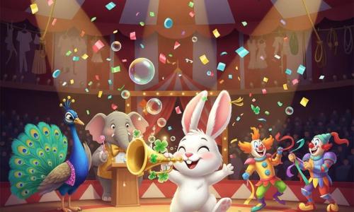 Lapinou, petit lapin blanc au pelage duveteux et grandes oreilles roses, souffle dans une trompette à bulles ornée de trèfles au centre de la piste tandis qu'une pluie de confettis métalliques multicolores et de bulles irisées tourbillonne autour de lui; à gauche, Monsieur Saluto, grand paon chorégraphe au plumage bleu‑vert et gilet pailleté, applaudit, et en arrière‑plan un vieux directeur éléphant au regard bienveillant, nœud papillon doré et tenant une petite clé à pompon rose, se tient près d'un pupitre; à droite, un duo de clowns‑chevaliers colorés tire des rubans en riant, des trapézistes silhouettés se profilent en haut, et le chapiteau rayé rouge et blanc, le sol en bois poli, les gradins ombragés, les cordes et costumes en coulisses, ainsi que des projecteurs chauds complètent l'ambiance festive et lumineuse.