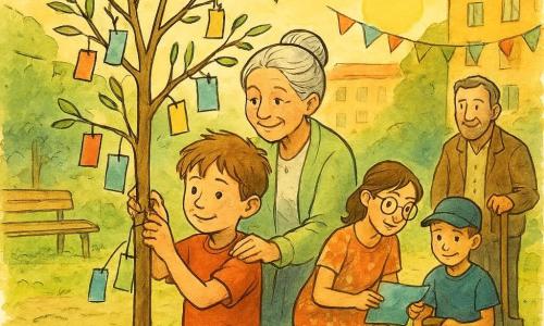 Un garçon de 10 ans aux cheveux châtain clair attache un vœu à un jeune arbre pendant qu'une grand-mère aux cheveux gris aide, une maîtresse aux lunettes montre à deux enfants comment lire un papier, deux camarades tiennent des dessins, un voisin apporte une pelle et du terreau; dans un petit parc en fin d'après-midi, des guirlandes de papiers flottent au vent, gestes simples de solidarité et regards apaisés.