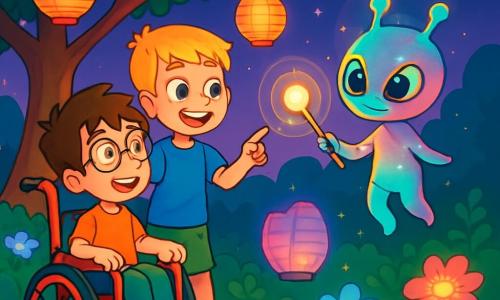 Il y a trois personnages : Max, un garçon de 7 ans dans un fauteuil roulant rouge, aux cheveux bruns en bataille et lunettes rondes, souriant en regardant une lumière flottante ; Léo, également âgé de 7 ans, debout à côté de Max, avec des cheveux blonds, un t-shirt bleu et un short vert, riant en pointant la lumière ; et Mira, une petite créature extraterrestre de 30 centimètres, à la peau scintillante et aux grands yeux brillants, flottant avec un bâton lumineux. L'action se déroule dans un jardin magique au crépuscule, avec des lampions colorés et un vieux pommier chargé de fruits dorés. Max et Léo interagissent avec Mira, qui leur demande de l'aide pour rassurer un nuage inquiet, créant une atmosphère chaleureuse et magique.