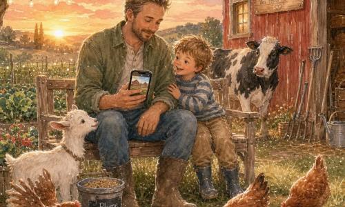 Un agriculteur au visage rond, barbe légère et peau hâlée, assis sur un banc en bois, souriant et tenant un téléphone affichant une photo de la ferme ; à côté, un garçon d’environ 5 ans en petit pull rayé, cheveux en bataille, émerveillé et riant doucement la main sur le bras de l’homme ; une petite chèvre blanche nommée Plume renifle un seau de graines près du banc, une vache noire et blanche se tient près de la grange en arrière-plan, quelques poules rousses picorent au premier plan ; cour de ferme au crépuscule avec herbe et traces de boue, grange rouge à droite, potager à gauche, outils adossés à la grange, ciel rose-orange et lumière dorée basse créant de longues ombres et une atmosphère chaleureuse.