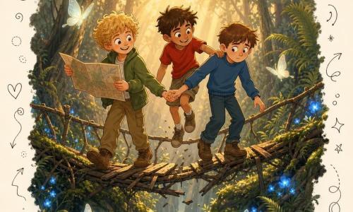Trois garçons traversent un pont branlé de branches et de planches au-dessus d’un ravin dans la Forêt-Lumière : Léo, ~10 ans, cheveux bouclés blonds, veste verte, à gauche souriant en regardant la carte qu’il tient à deux mains ; Malo, ~10 ans, peau hâlée, t‑shirt rouge, au centre bondissant malicieusement et posant la main sur l’épaule de Théo ; Théo, ~10 ans, cheveux châtains, regard timide, pull bleu, à droite avançant prudemment le pied sur une planche et tenant la main de Léo. La scène au crépuscule est baignée de rayons dorés filtrés, mousse émeraude, fougères hautes, petites fleurs phosphorescentes bleues et papillons translucides lumineux ; les planches craquent, leurs expressions mêlent peur et amitié tandis que Léo et Malo rassurent Théo, rendu dans un style doux, coloré, aux traits ronds et détails enfantins.