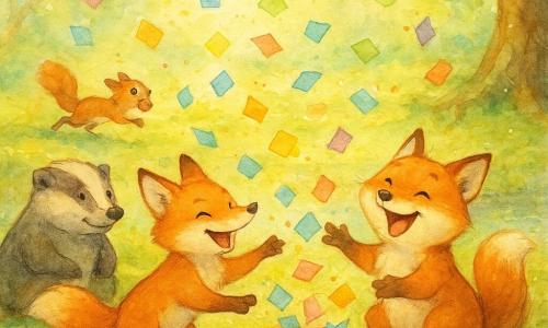 Un petit renard roux, Léo, espiègle et rayonnant, museau pointu et pelage orange cuivré, tend les pattes vers une pluie de petits papiers colorés en riant, penché comme s’il courait ; son jumeau Lou, un peu rondinet et hilare, aux oreilles légèrement tombantes et tache blanche sur la poitrine, est accroupi derrière lui en train d’attraper un papier, bouche ouverte de rire ; un vieux blaireau rond et patient, moustaches grises, est assis sur une souche à gauche, souriant, tandis qu’un écureuil vif traverse l’arrière-plan avec une noisette dans la gueule, surpris par les papiers tourbillonnants ; dans une clairière du parc aux herbes ponctuées de pâquerettes, un ruisseau au fond, grosses racines et une souche mousseuse, une petite boîte en bois ouverte au sol laisse s’envoler une nuée de papiers multicolores qui virevoltent comme des papillons, créant un joyeux chaos ; style aquarelle doux, couleurs chaudes (oranges, verts tendres, bleus pâles), contours légèrement flous, textures de papier visibles et éclaboussures pour le mouvement.