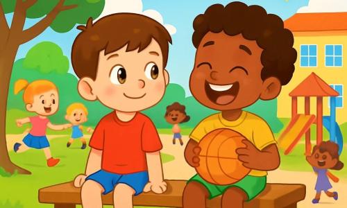 Tom, un garçon de 6 ans aux cheveux châtains et aux yeux curieux, est assis sur un banc dans une cour d'école avec Malik, un autre garçon de 6 ans aux cheveux bouclés et à la peau foncée. Ils sourient, entourés d'autres enfants qui jouent, créant une ambiance joyeuse. La cour est spacieuse avec des arbres, des jeux colorés et un ciel bleu ensoleillé. Tom et Malik échangent des sourires complices, symbolisant l'amitié et l'acceptation des différences.