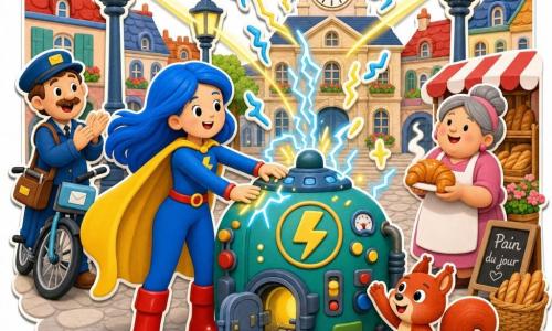 Voltina, héroïne souriante aux longs cheveux bleu vif, bottes rouges et grande cape jaune, pose les mains sur une grosse machine électrique réveillée par des étincelles bleues et jaunes qui envoient des rayons vers les lampadaires et l'horloge ; à côté, Pistache le petit écureuil roux admire en agitant une patte, Madame Rose, boulangère ronde et chaleureuse d'environ 50 ans, tient un croissant sur la place, et Monsieur Léon, facteur d'environ 40 ans avec sa casquette et son vélo électrique, applaudit depuis l'entrée ; décor : place de ville colorée avec centrale ronde au centre, étals de marché et pavés ; style : gommettes/stickers en mousse EVA, formes simples, couleurs plates et saturées, contours doux, textures en relief et expressions très lisibles pour les tout-petits.