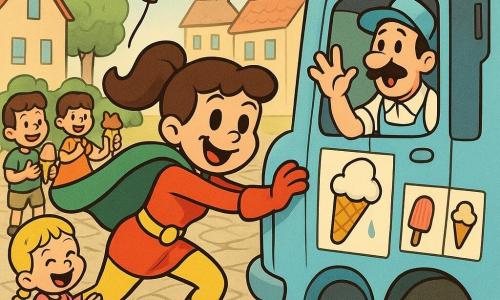Zoé, super-héroïne souriante et malicieuse à la cape verte flottante et cheveux bruns en couette, en costume rouge et jaune, pousse dynamiquement un camion de glaces vintage bleu ciel coincé sur une rue pavée de village, tandis que Monsieur Glagla, vendeur moustachu au visage étonné et reconnaissant et casquette, essuie une goutte de glace et lève la main vers elle; Lily, petite fille de 5 ans en robe rose et tresses blondes, tient un ballon rouge en riant et sautant à gauche, plusieurs enfants ronds et heureux applaudissent en tenant des cornets colorés, affiches de glaces dessinées, bâtiments pastel et arbres ronds en arrière-plan, ambiance chaleureuse, comique et colorée avec mouvements exagérés.