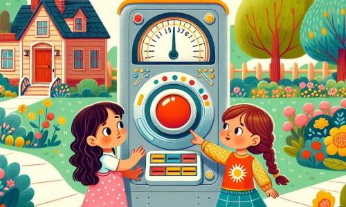 Trois petites filles, Lila, Zoé et Mia, se tiennent devant une machine à voyager dans le temps. Lila, 8 ans, a de longs cheveux bruns et une robe rose à pois. Zoé, aussi 8 ans, a des cheveux blonds en tresses et une jupe bleue. Mia, 7 ans, a des cheveux bouclés châtains et un t-shirt jaune. Elles se trouvent dans un jardin ensoleillé, entouré de fleurs et d'arbres, avec une vieille maison en bois en arrière-plan. Elles s'apprêtent à appuyer sur le bouton rouge de la machine, visiblement excitées par l'aventure qui les attend.