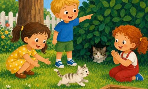 Trois enfants dans un jardin ensoleillé : Léa (6 ans, cheveux bruns en couettes, robe jaune à pois) accroupie à gauche tend la main vers un petit chaton tigré qui court vers sa mère cachée sous un buisson ; Tom (7 ans, cheveux blonds courts, T-shirt bleu, short vert) debout au centre pointe vers le buisson avec excitation ; Mia (5 ans, cheveux roux bouclés, salopette rouge) assise à droite sourit et applaudit ; pelouse verte, grand arbre au fond, bac à sable beige et petit bol de lait à proximité, ambiance chaleureuse et composition centrée.