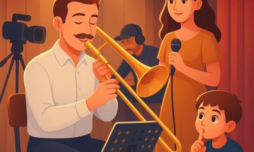 Sur un petit plateau TV intime, un tromboniste moustachu d'une trentaine d'années, chemise claire et pantalon sombre, assis et concentré, joue un trombone en laiton tandis qu'une chanteuse d'environ 28 ans en robe miel le regarde confiante, un garçon apprenti de 12 ans accroupi écoute en touchant ses lèvres, et un technicien d'une quarantaine d'années ajuste la régie; lumière dorée, caméras et projecteurs chauds, panneaux en bois et rideaux rouges, ambiance de répétition calme et concentrée, style graphique aux couleurs douces, dégradés lisses et textures subtiles.