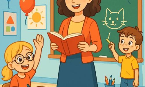Madame Léa, une institutrice souriante d'une trentaine d'années avec des cheveux bruns ondulés et des yeux pétillants, se tient debout au milieu de sa classe décorée, tenant un livre ouvert. Émilie, une petite fille de 8 ans aux cheveux blonds et lunettes rondes, lève la main pour poser une question, tandis que Lucas, un garçon de 9 ans aux cheveux châtains, est prêt à dessiner au tableau. La classe lumineuse et accueillante, avec des murs bleu clair et des affiches éducatives, est animée par des ballons colorés au plafond. Madame Léa explique un nouveau sujet, ses élèves l'écoutent attentivement, curieux et excités d'apprendre.