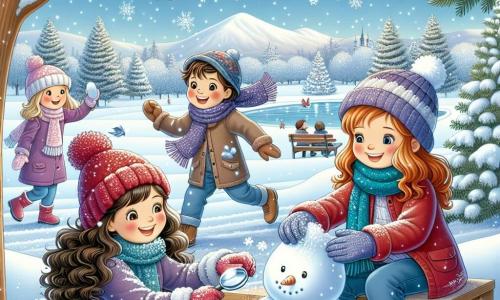 Quatre amies de douze ans, Clara, Léa, Emma et Zoé, s'amusent dans un parc hivernal. Clara, aux cheveux bruns et bouclés, porte un bonnet rouge et une écharpe bleue, tandis qu'elle roule une boule de neige. Léa, aux cheveux blonds et lisses, lance une boule de neige vers Emma, qui a des cheveux châtains et un manteau violet, riant aux éclats. Zoé, aux cheveux noirs et frisés, observe un flocon de neige avec une loupe, assise sur un banc en bois. Le parc est recouvert de neige immaculée, avec des sapins ornés de neige scintillante et un ciel bleu clair. Les filles sont en pleine bataille de boules de neige, leurs rires résonnant dans l'air frais, créant une scène d'amitié et de bonheur.
