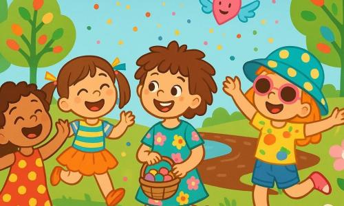 Il y a 4 enfants : Léa, 7 ans, avec des cheveux en broussailles, des yeux pétillants, une robe colorée et un panier de bonbons ; Chloé, 6 ans, avec des cheveux longs, un grand sourire, un t-shirt à rayures et une jupe en tulle ; Zoé, 7 ans, avec un chapeau à pois, des lunettes de soleil, un short en denim et un t-shirt à motifs de fruits, dansant joyeusement ; Mia, 6 ans, avec des cheveux bouclés, un rire contagieux, une robe à pois et des sandales, essayant d'attraper un bisou volant. Les enfants sont près d'une rivière en chocolat, entourée d'arbres aux feuilles en bonbons et de fleurs en guimauve, sous un ciel bleu avec des nuages en forme de barbe à papa. Ils courent et rient, poursuivant des bisous colorés, des créatures espiègles qui dansent autour d'eux, créant une ambiance festive et magique.