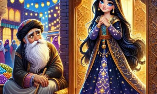 Une jeune femme, Shéhérazadeh, se tient devant une porte de cuivre ciselée, les yeux brillants d'émerveillement. Elle porte une robe bleu nuit ornée de motifs dorés, et ses longs cheveux noirs flottent dans la brise. À côté, un vieux mendiant de soixante-dix ans est assis sur un tapis usé, observant Shéhérazadeh avec un sourire mystérieux, tenant un bâton sculpté. Le marché est animé, baigné dans une lumière dorée, avec des étals colorés de fruits, d'épices et de tissus. Shéhérazadeh, le cœur battant, hésite devant la porte mystérieuse, prête à offrir ce qu'elle a de plus précieux pour entrer dans le Jardin des Lanternes Invisibles.