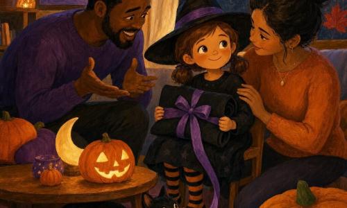Fille de 6 ans joyeuse, cheveux châtains en couettes, chapeau de sorcière trop grand, chaussettes rayées orange et noir, assise près d’une table basse en montrant fièrement une cape noire pliée liée par un ruban violet ; père (35–40 ans) barbu, souriant et penché derrière la chaise, mains ouvertes en soutien ; mère (30–35 ans) cheveux en chignon, assise à côté, main rassurante sur l’épaule de la fillette ; petit chat noir au collier orange, moustaches blanches, touche le ruban sous la table ; salon d’automne éclairé par une lanterne-citrouille, coussins citrouille, lampe lune, murs chauds et fenêtre avec feuilles d’érable rouges collées au carreau ; ambiance intime et chaleureuse d’Halloween aux couleurs chaudes orange, violet et noir, lumière tamisée, textures peintes visibles.