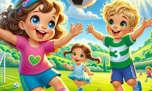 Lila, une petite fille de 2 ans aux grands yeux brillants et au sourire éclatant, court joyeusement sur un terrain de foot verdoyant. Elle porte un t-shirt rose et un short bleu, ses cheveux bouclés flottant derrière elle. À côté, Tom, un garçon de 3 ans aux cheveux blonds en bataille, rit en levant les bras pour attraper le ballon. Zoé, une autre fille de 3 ans avec des tresses brunes, se tient un peu plus loin, les mains sur les hanches, encourageant ses amis avec un grand sourire. Le terrain est entouré d'arbres verts sous un ciel bleu éclatant, et des fleurs colorées ajoutent de la joie à la scène. Lila tape dans le ballon tandis que ses amis se préparent à le passer, créant une atmosphère joyeuse et dynamique.
