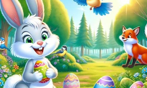 Dans une clairière ensoleillée de la forêt enchantée, Léo le lapin, au pelage blanc éclatant et aux longues oreilles, exprime une joie débordante en tenant un œuf coloré. À ses côtés, Mia la mésange, avec son plumage bleu vif, vole joyeusement et chante des mélodies. Max le renard, au pelage roux flamboyant, se tient en retrait avec un sourire malicieux, prêt à cacher un œuf. La clairière, entourée d'arbres majestueux et de fleurs colorées, est le cadre d'une grande chasse aux œufs de Pâques, créant une ambiance festive et magique.