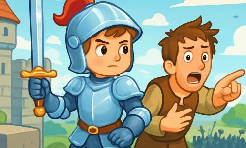 Un jeune chevalier nommé Edgar, âgé de douze ans, porte une armure brillante et se tient sur les remparts du château, prêt à défendre son peuple avec son épée. À ses côtés, un messager essoufflé, inquiet, indique l'horizon où se profile l'ombre menaçante de l'armée de Morbax. La citadelle médiévale est entourée de murs en pierre, de drapeaux flottants et d'un ciel bleu avec des nuages blancs, tandis que des champs verdoyants et des arbres majestueux se dessinent en arrière-plan. Edgar est déterminé à affronter le danger, créant une atmosphère de tension et de bravoure face à l'attaque imminente du tyran Morbax.