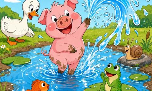 Pipo, un petit cochon rose malicieux aux joues rondes, groin taché de boue et queue en tire-bouchon, lève un sabot et fait un énorme blop envoyant une gerbe d'eau brillante tandis qu'il sourit ; Lili la grenouille verte, assise sur un nénuphar, applaudit en étant éclaboussée, Madame Coin-Coin la cane blanche sur la rive gauche, penchée et amusée, regarde le jet, Rouli le petit poisson rouge fait des bulles sous la surface près des ronds d'eau et Toto l'escargot brun sur une pierre reçoit quelques gouttes ; la mare circulaire à l'eau bleue claire, nénuphars verts et bords de boue avec herbe courte présente des éclaboussures, gouttes suspendues et reflets scintillants dans une scène ludique et ensoleillée, aux couleurs vives et contours nets, compréhensible pour un enfant de 4 ans.