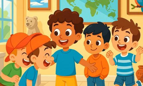 Quatre enfants sont présents : Sami, un garçon de 10 ans aux cheveux bruns et bouclés, souriant et accueillant, portant un t-shirt bleu et un short jaune ; Mathis, 9 ans, blond avec des taches de rousseur, riant avec une casquette rouge et un t-shirt vert ; Léo, 10 ans, avec des cheveux noirs et lisses, un pull orange et un jean, souriant timidement ; et Hugo, 9 ans, châtain, sautant avec un t-shirt rayé et un short en denim. Ils se trouvent dans un musée lumineux aux murs décorés de photos de paysages et d'animaux. Les enfants jouent ensemble, riant après un incident avec une sculpture, se saluant en frottant leurs nez, entourés d'objets fascinants, symbolisant l'amitié.