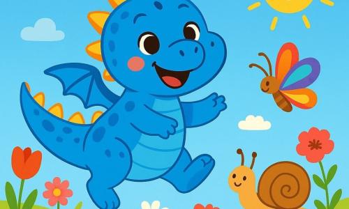 Un petit dragon bleu aux grandes écailles brillantes et aux yeux pétillants de joie saute dans une prairie en fleurs, sourire éclatant aux lèvres. À côté, un escargot avec une coquille marron avance lentement sur un caillou, affichant une expression calme. Un papillon coloré vole joyeusement autour des fleurs, ajoutant une touche de magie. La prairie est remplie de tulipes rouges, marguerites blanches et coquelicots roses, toutes dansant sous le vent. Le ciel est bleu, parsemé de nuages blancs et d'un soleil rayonnant. Le dragon s'amuse parmi les fleurs, l'escargot se déplace lentement et le papillon virevolte, créant une atmosphère joyeuse et printanière.