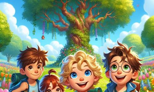 Dans un parc ensoleillé, quatre amis sont prêts pour une aventure. Léo, 8 ans, sourit en tenant une carte au trésor. À sa droite, Emma, 7 ans, fait une grimace joyeuse. À gauche, Tom, 9 ans, observe le ciel avec curiosité. Enfin, Mia, 8 ans, rit, ajoutant de la gaieté. Le parc est rempli de fleurs, d'arbres et d'un ciel bleu, créant une atmosphère accueillante. Un grand chêne au centre porte un indice du trésor. Les amis cherchent des gaufres magiques qui font rire, leurs rires résonnant dans l'air, témoignant de leur excitation.