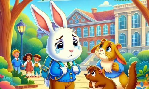 Arthur le lapin, au pelage blanc et aux grandes oreilles droites, se tient au centre de la cour de l'école des Bois Jolis, l'air triste avec des larmes aux yeux, serrant son sac à dos bleu. À ses côtés, Hortense la belette, au pelage brun et aux yeux pétillants, le regarde avec compassion, prête à l'encourager. En arrière-plan, Léo le lapin, grand aux oreilles tombantes, affiche un air désolé, conscient d'avoir blessé son ami. La cour est entourée d'arbres aux feuilles dorées et de fleurs colorées, tandis que des enfants jouent joyeusement au loin. La scène illustre Arthur, vulnérable mais entouré d'amis qui commencent à comprendre l'importance de l'empathie et du soutien.
