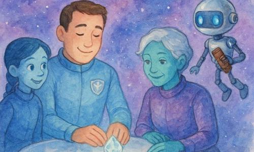 Le commandant Jules, visage rond, cheveux bruns courts, en combinaison spatiale bleu clair à écusson argenté, pose délicatement un petit cristal lumineux sur une table ronde transparente ; à sa droite flotte Oscar, robot argenté aux yeux LED bleus, espiègle, tenant une barre de chocolat ; en face, une exploratrice plus âgée à la peau turquoise scintillante et cheveux courts argentés, en robe spatiale violette, observe le cristal avec bienveillance ; une adolescente d’environ 14 ans, peau nacrée bleue et tresse courte, debout près de la table, sourit, curieuse et joyeuse. Le module transparent est en suspension dans l’espace, sur fond de nébuleuse violette et bleue parsemée d’étoiles et de silhouettes de vaisseaux, sol et table flottants, reflets liquides sur les parois ; la réunion est calme et amicale autour d’un cristal-mémoire, éclairage doux, gestes de partage, barres de chocolat sur la table, ambiance de confiance et de découverte, palette pastel aquarelle avec touches d’éclaboussures pour les nébuleuses.