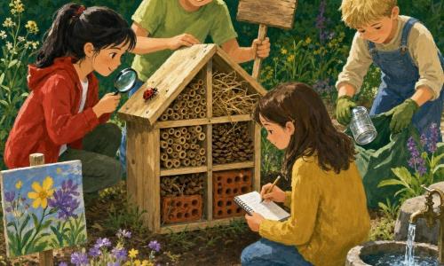 Quatre enfants installent et nettoient un hôtel à insectes dans un jardin partagé ensoleillé : Noé, ~10 ans, t-shirt vert et jean, tient une pancarte au centre en souriant ; Inès, ~10 ans, queue de cheval et veste rouge, observe une coccinelle à la loupe à gauche ; Jules, ~11 ans, salopette bleue, ramasse une canette pour la mettre dans un sac à droite ; Manon, ~10 ans, pull jaune, prend des notes agenouillée devant l'hôtel. L'hôtel en bois montre tiges creuses, paille, pommes de pin et briques, entouré de terre, herbe, fleurs sauvages violettes et jaunes, une fontaine et un arrosoir en arrière-plan. Atmosphère chaleureuse et concentrée, rendu style gouache aux couleurs naturelles, traits doux et touches visibles de pinceau.