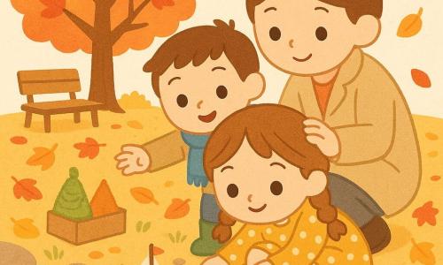 Une fillette de 6 ans joyeuse, cheveux châtain clair en nattes, tient délicatement un petit bateau fait d'une grande feuille qui flotte sur un ruisseau au bord d'un parc d'automne aux feuilles rouge-orangé, tandis qu'un garçon de 6 ans, Noé, curieux, se tient légèrement derrière, main tendue à distance, et leur mère accroupie les observe en posant la main sur l'épaule de la fillette; ambiance douce de fin d'après-midi, tons chauds et composition simple.