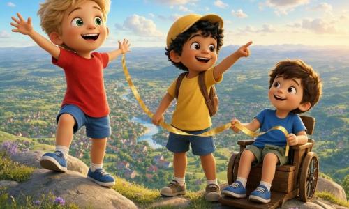 Trois garçons de 3 ans au sommet de la Montagne-Étoile : à gauche Léo, cheveux blonds en bataille, yeux verts, tee-shirt rouge et short bleu, debout sur une pierre, bras levés ; au centre Sami, cheveux noirs bouclés, peau hâlée, casquette jaune, riant et pointant le sommet ; à droite Noé, cheveux châtains, peau claire, assis dans un petit fauteuil à roulettes en bois, tenant un ruban doré qui relie les trois enfants. Le sommet offre un panorama ouvert de pierres rondes, herbe courte vert tendre et quelques fleurs jaunes et violettes, ciel bleu clair avec nuages cotonneux et, en contrebas, un village miniature et une rivière argentée. Les enfants regardent le paysage au coucher de l’après-midi, atmosphère d’émerveillement, lumières chaudes, textures douces et expressions joyeuses et confiantes.