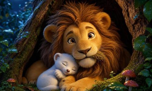 Jeune lion au pelage doré et large crinière, sourire bienveillant, tenant délicatement une touffe de mousse sèche, blotti avec une petite hermine blanche endormie contre son cou; un vieux chêne creux forme leur abri, ses racines protectrices, autour un sous-bois lumineux après la pluie avec mousse, feuilles brillantes et champignons; nuit pluvieuse et chaleureuse, gouttes sur les feuilles et douce lumière de lune perçant entre les branches; couleurs chaudes, textures détaillées de fourrure et d'écorce, éclairage volumétrique doux, composition centrée et expression lisible pour un enfant.