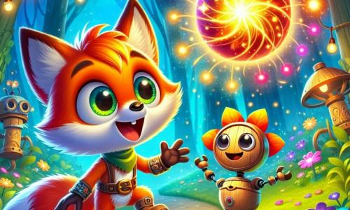 Trix, un renard aux pelages orange et rouge, se tient au centre d'une forêt enchantée, les yeux brillants d'excitation. Il regarde une sphère lumineuse flottante, émerveillé. À proximité, Bobo, un petit robot jardinier en bois avec une tête en forme de fleur, danse joyeusement autour de lui, prêt à l'aider avec une petite pelle en métal. La forêt est luxuriante, remplie de fleurs luminescentes et de machines étranges, créant une atmosphère féerique. Trix découvre la sphère magique, prêt à entreprendre une quête pour maîtriser la magie, tandis que Bobo l'encourage.