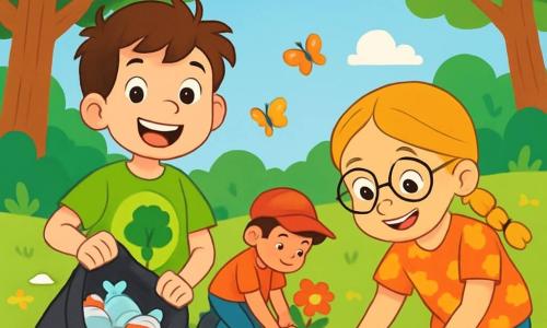 Un garçon de 8 ans, Lucas, avec des cheveux bruns en bataille et des yeux curieux, sourit en tenant un sac poubelle rempli de déchets. Il porte un t-shirt vert avec un dessin d'arbre et un short bleu. À ses côtés, Emma, une fille de 8 ans avec des cheveux blonds tressés et des lunettes rondes, ramasse des déchets, vêtue d'une blouse à fleurs. En arrière-plan, Max, un autre garçon de 8 ans avec des cheveux noirs et une casquette rouge, plante une fleur colorée, concentré et fier. La scène se déroule dans un parc verdoyant avec des arbres majestueux et des fleurs multicolores. Le ciel est bleu avec quelques nuages et des papillons volent autour des fleurs. Lucas et ses amis nettoient le parc, riant et s'encourageant, transformant cet endroit en un havre de paix.