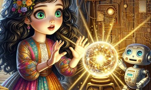 Au centre de l'image, Lyra, une fille de 12 ans aux longs cheveux bouclés noirs et aux yeux verts brillants, se tient émerveillée, levant les mains vers un globe en cristal scintillant qui émet une lumière dorée, symbole de magie et de connaissance. À ses côtés, Pipo, son meilleur ami robot humanoïde, observe le globe avec étonnement et inquiétude. En arrière-plan, une grange ancienne, avec des murs en bois usés et des objets étranges, crée une atmosphère mystérieuse. Lyra touche le globe, déclenchant une lumière éclatante qui projette des ombres, marquant le début d'une aventure prometteuse.