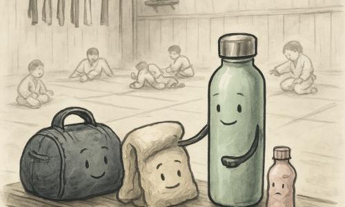 Une gourde métallique verte d'eau aux reflets argentés et visage souriant est posée sur un banc en bois, tendant son bouchon vers une petite bouteille plastique rose pâle, timide mais se redressant ; à gauche, un sac de sport en toile bleu marine, rond et usé, la regarde rassurant et chuchotant, une serviette éponge beige pliée la couvre partiellement comme une main protectrice ; le tout dans un dojo intérieur aux murs en bois clair, tatamis verts alignés, ceintures suspendues, lumière douce par une fenêtre haute et un petit pot de lavande sur une étagère ; début de cours de judo avec enfants en kimono s'entraînant à l'ukemi — un enfant s'asseoit en souriant pendant que les objets échangent des regards bienveillants ; style encre noire fluide, lavis de gris et touches de couleurs douces, textures visibles, composition centrée sur le banc et le tatami, atmosphère calme et encourageante.