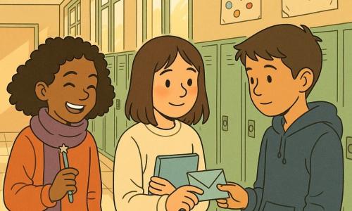 Trois enfants d’environ 11 ans dans un couloir d’école lumineux aux casiers verts et affiches colorées : Inès, fille aux cheveux bruns mi-longs, pull crème et carnet bleu clair, au centre avant-plan légèrement rougissante tendant une petite enveloppe bleue à Maël ; Maël, garçon calme aux yeux noisette et capuche bleu marine, à droite, surpris et à demi-souriant en recevant l’enveloppe ; Lila, à gauche, cheveux bouclés et écharpe violette, riant doucement et tenant un stylo pailleté en regardant la scène. Moment tendre de remise d’un mot pour la Saint-Valentin, mains presque jointes, composition centrée, visages expressifs, couleurs pastel chaudes, contrastes doux et style ligne claire rappelant la BD franco-belge, ambiance réconfortante.