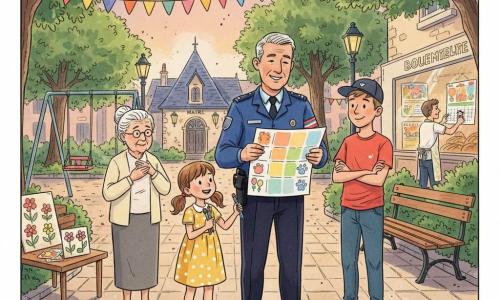 Un policier dans la cinquantaine, veste bleu marine et brassard, cheveux grisonnants, souriant et montrant du doigt un grand planning coloré ; à sa gauche une fillette d'environ 8 ans en robe jaune à pois, coiffée en couettes, dessinant des ballons avec des feutres ; à sa droite un adolescent d'environ 15 ans en t‑shirt rouge et casquette à l'envers, souriant et les bras croisés ; Madame Dupas, femme âgée aux cheveux blancs en chignon et cardigan crème, main sur la poitrine près d'une petite table avec panneaux faits main ; Jules le boulanger, quarantaine, tablier farineux, accrochant un calendrier dans la vitrine d'une boulangerie à l'arrière ; lieu : square de quartier au crépuscule avec sol pavé, bancs, balançoires, arbres et guirlandes de fanions, petite mairie en pierre en arrière‑plan ; scène conviviale et apaisée autour du planning où chacun peint des icônes (ballon, fleur, patte de chien), rendu en traits d'encre et lavis d'aquarelle, palette chaude.