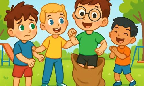 Quatre enfants participent à une course amusante dans des sacs dans un parc ensoleillé. Léo, 6 ans, hésite un peu, tandis que Paul, également 6 ans, l'encourage avec un sourire. Maxime, 6 ans, saute joyeusement, et Sami, 6 ans, rit derrière eux. Le parc est rempli de pelouse verte, d'arbres et de fleurs colorées, avec un ciel bleu clair au-dessus.