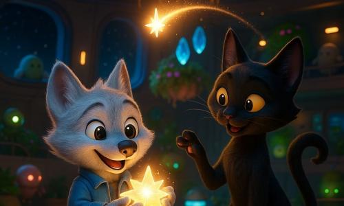 Lupin, petit loup anthropomorphe au pelage argenté, yeux curieux et sourire émerveillé, porte une veste bleue remplie d'outils et tient un cristal lumineux émettant une lueur chaude; à ses côtés, Éclipse, chat noir anthropomorphe élégant à la queue en croissant et yeux ambrés, montre le cristal; en arrière-plan, plantes luminescentes suspendues, petits robots-jardiniers circulaires émettant des lueurs vertes et roses et quelques créatures amicales sur les passerelles, le tout dans une salle spatiale ronde et high-tech aux murs en métal poli, fenêtres ovales sur un ciel étoilé, racines lumineuses pendantes, cristaux flottants au centre et détails industriels (panneaux solaires miniatures, tuyaux cuivrés); situation : ils viennent d'activer le cristal pour créer une étoile filante artificielle qui illumine les jardins suspendus d'une traînée scintillante, atmosphère d'émerveillement et d'invention, couleurs saturées et contrastes doux.