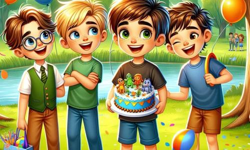 Dans un parc ensoleillé, quatre garçons de douze ans célèbrent l'anniversaire de Max, qui tient un gâteau décoré de dinosaures. Léo, grand et blond, est prêt à jouer avec un frisbee, tandis que Tom, avec des lunettes, rit en tenant un sac de confettis. Sam, aux cheveux bouclés, s'appuie sur un arbre en riant. Le parc est verdoyant, avec des arbres, un lac scintillant et des fleurs colorées. L'atmosphère est joyeuse et festive, avec des guirlandes scintillantes accrochées aux arbres.