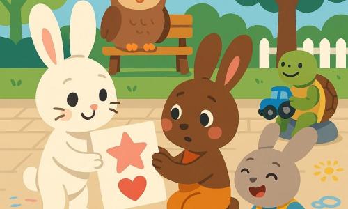 Petit Lapin, un jeune lapin blanc aux grandes oreilles, tend timidement un dessin coloré avec une étoile rose et un cœur rouge à Gaspard, un petit lapin brun surpris et ému, tandis que Lila, en salopette jaune, rit en tenant une craie bleue, une petite chouette sourit depuis un banc et une tortue verte tient un petit tracteur ; la cour d’école ensoleillée, pavée et décorée de marelles et dessins à la craie, arbres verts et une clôture blanche, crée une scène chaleureuse d’amitié et d’acceptation, aux couleurs vives et formes simples, destinée à des enfants de 4 ans.