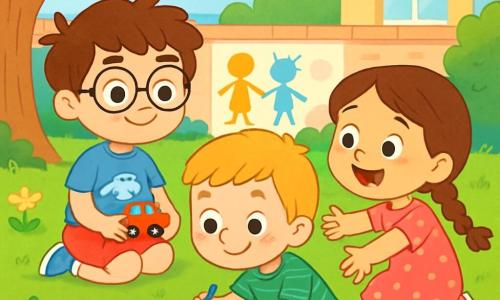 Trois personnages sont présents : Tom, un garçon de 7 ans aux cheveux bruns en bataille et lunettes rondes, portant un t-shirt bleu avec un dessin de voiture et un short rouge, assis sur l'herbe avec une petite voiture dans les mains ; Léo, également âgé de 7 ans, avec des cheveux blonds et des taches de rousseur, vêtu d'un t-shirt vert et d'un short jaune, dessinant une route sur un grand papier ; et Emma, une fille de 6 ans aux longs cheveux bruns tressés, en robe rose à pois blancs, prête à faire un câlin. Ils se trouvent dans une cour d'école ensoleillée, entourée d'arbres et de fleurs. Les enfants jouent ensemble, montrant leur amitié et leur soutien mutuel dans un moment joyeux.