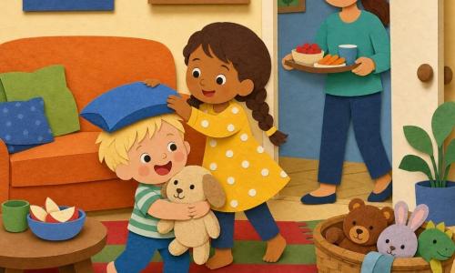 Un garçon de 2 ans, joyeux, serre son doudou beige contre sa poitrine; sa grande sœur d’environ 6 ans, souriante et protectrice, lui pose un coussin bleu sur la tête; la maman, femme d’environ 30 ans, entre dans l’embrasure de la porte avec un plateau de goûter; le salon chaleureux comprend un tapis rayé rouge et vert, un canapé orange et un panier en osier rempli de peluches et d’une balle rouge; moment de jeu complice, couleurs vives et formes simples.