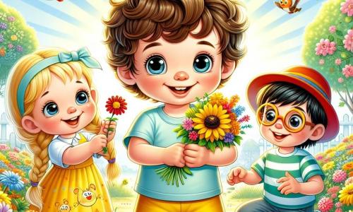 Léo, un garçon de 4 ans aux cheveux bruns et bouclés, se tient au centre de l'image avec un t-shirt bleu clair et un short jaune, souriant et tenant un bouquet de fleurs. À sa droite, Clara, également âgée de 4 ans, a des cheveux blonds tressés et porte une robe jaune vif, s'agenouillant pour admirer une fleur rouge. À gauche, Tom, un garçon de 4 ans avec un chapeau rouge et des lunettes de soleil, observe une abeille. Le parc printanier est rempli de fleurs multicolores, d'arbres verdoyants et de rayons de soleil, créant une ambiance joyeuse où les enfants s'amusent à cueillir des fleurs.