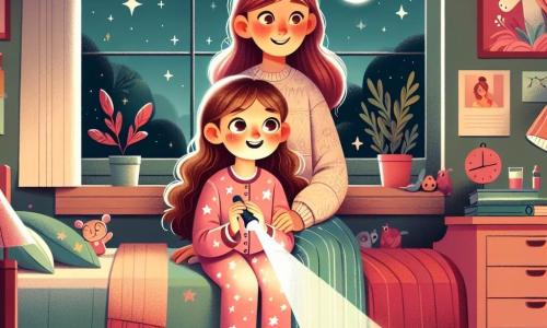 Dans une chambre chaleureuse, une fille de 8 ans nommée Léa, avec de longs cheveux bruns et des yeux pétillants, est assise sur son lit, un peu nerveuse mais curieuse. Elle porte un pyjama rose avec des étoiles et tient une lampe de poche qui éclaire son visage, révélant un mélange d'excitation et d'appréhension. À ses côtés, sa maman, une femme douce d’environ 35 ans, aux cheveux châtains et au sourire réconfortant, est assise sur le bord du lit, lui tenant la main avec tendresse. La chambre est décorée de posters colorés de licornes et de planètes, avec des jouets éparpillés sur le sol. Une fenêtre ouverte laisse entrer la lumière de la lune, illuminant doucement la pièce. Dans cette scène, Léa se prépare à explorer l’obscurité avec sa maman, qui lui montre que le noir peut être un ami. La lumière de la lampe de poche crée un halo magique autour d'eux, symbolisant la découverte et la confiance.