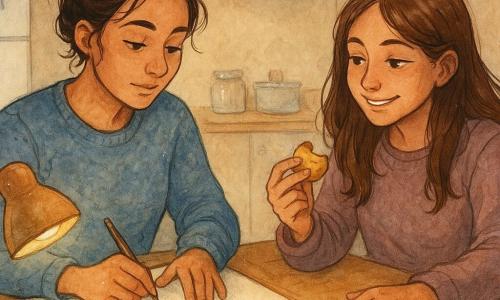 Léa (≈28 ans) assise à une table en bois, chignon désordonné, pull bleu, concentrée et sereine, tient un crayon et esquisse la main de Manon (≈16 ans) assise en face, manches trop longues, sourire malicieux, un biscuit dans une main et l’autre posée ouverte sur la table avec des miettes visibles; petite lampe de bureau diffuse une lumière jaune douce créant des ombres et un cercle de lumière sur le bois usé; arrière-plan : cuisine intime et modeste (frigo blanc, aimant chat, étagère avec bocaux, tasse de chocolat fumante, petite tache de chocolat) ; dessin aux traits légers et ombres aquarelle, petites touches blanches pour reflets, atmosphère chaleureuse et paisible.