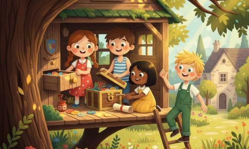 Quatre enfants dans une cabane en bois perchée dans un grand chêne : une fille de 8 ans au visage rond et taches de rousseur, cheveux châtain en deux nattes, ouvre un petit tiroir secret et tient une poignée dorée ; Maxime (~8 ans), cheveux bruns courts, débardeur rayé, sourit en poussant le couvercle d’un coffre à côté ; Lila (~8 ans), cheveux noirs courts, robe jaune, s’accroupit pour saisir un rouleau de papier ancien ; Hugo (~9 ans), cheveux blonds en bataille, salopette verte, est sur une petite échelle, prêt à descendre, excité. La cabane aux planches vieilles et toit couvert de mousse est entourée d’un jardin ancien à herbe haute et fleurs, avec une maison en pierre floue en arrière-plan ; le tiroir révèle des jetons colorés gravés d’un blason familial et une poignée dorée. Style papier découpé, formes simples, bords nets, textures papier visibles, palette chaude et contrastée (ocres, verts sapin, bleu ciel, touches dorées) et ombres douces.