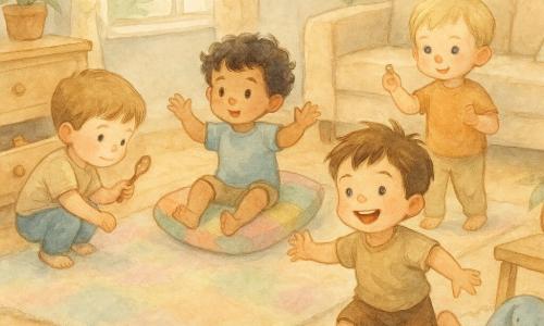 Quatre garçons de 2 ans : Léo, châtain clair, accroupi à gauche près d'un tiroir ouvert, tient une petite cuillère en bois ; Noé, bouclé noir, assis au centre sur un coussin utilisé comme bateau, mains levées comme pour ramer ; Eli, blond, à droite près du canapé, montre un petit caillou brillant ; Tom, brun foncé, au premier plan, saute sur un tapis en regardant un doudou coincé sous une petite chaise. Dans un salon chaleureux et lumineux au parquet clair, grand tapis pastel et canapé beige, tiroir de commode ouvert avec jouets éparpillés, fenêtre tamisée et plantes en pot. Les quatre petits aventuriers découvrent leur trésor — cuillère en bois, caillou brillant et doudou coincé — dans une scène tendre et dynamique d'entraide, sourires et textures feutrées.