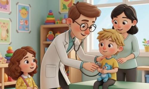 Un médecin souriant d'une trentaine d'années, cheveux bruns courts, veste blanche et lunettes rondes, pose un stéthoscope sur la poitrine d'un petit garçon blond d'environ 4 ans assis sur la table d'examen verte et tenant un doudou bleu ; à côté, Clara (6 ans) aux cheveux châtain bouclés porte une robe jaune à pois et un petit sac rose, regardant émerveillée ; la mère de Lucas, femme d'environ 30 ans aux cheveux noirs attachés, pose la main sur l'épaule du garçon, soulagée. Le cabinet est chaleureux et coloré (murs pastel, posters, jouets, grande fenêtre) ; ambiance calme, bienveillante et style enfantin.