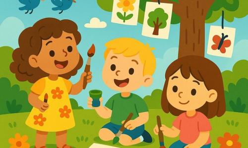 Clara (8 ans) est une petite fille aux cheveux bruns et bouclés, joyeuse, avec une robe jaune à fleurs, tenant un pinceau et un pot de peinture. Lucas (8 ans) est un garçon blond, vêtu d’un t-shirt vert et d’un short bleu, enthousiaste, peignant un arbre. Mia (7 ans), avec des cheveux châtains lisses, porte un t-shirt rose et un pantalon en jean, concentrée sur des fleurs colorées. La scène se déroule dans un parc ensoleillé avec des arbres et des fleurs. Un grand arbre est décoré de dessins colorés et le ciel est bleu avec des nuages. Les trois amis peignent ensemble, Clara encourage Mia, qui gagne en confiance. Leurs rires symbolisent l’amitié et la confiance en soi.